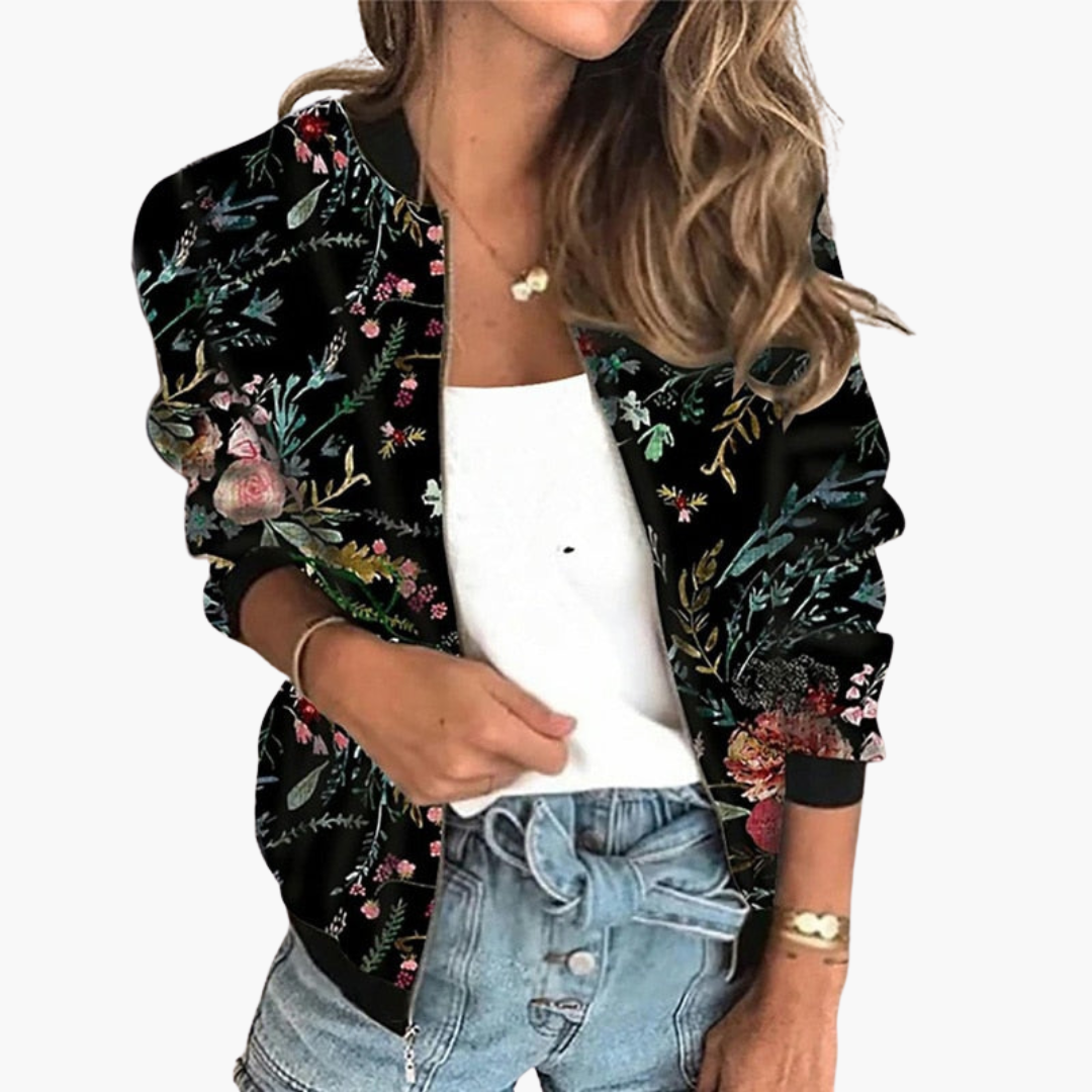 Meike – Stylische Damen-Bomberjacke mit Blumenmuster Schwarz
