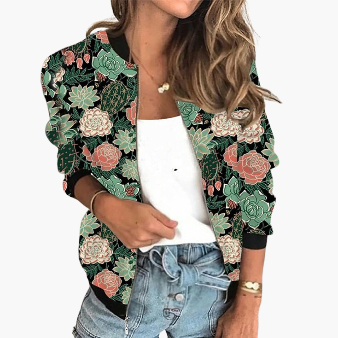 Meike – Stylische Damen-Bomberjacke mit Blumenmuster Schwarz mit Blumen
