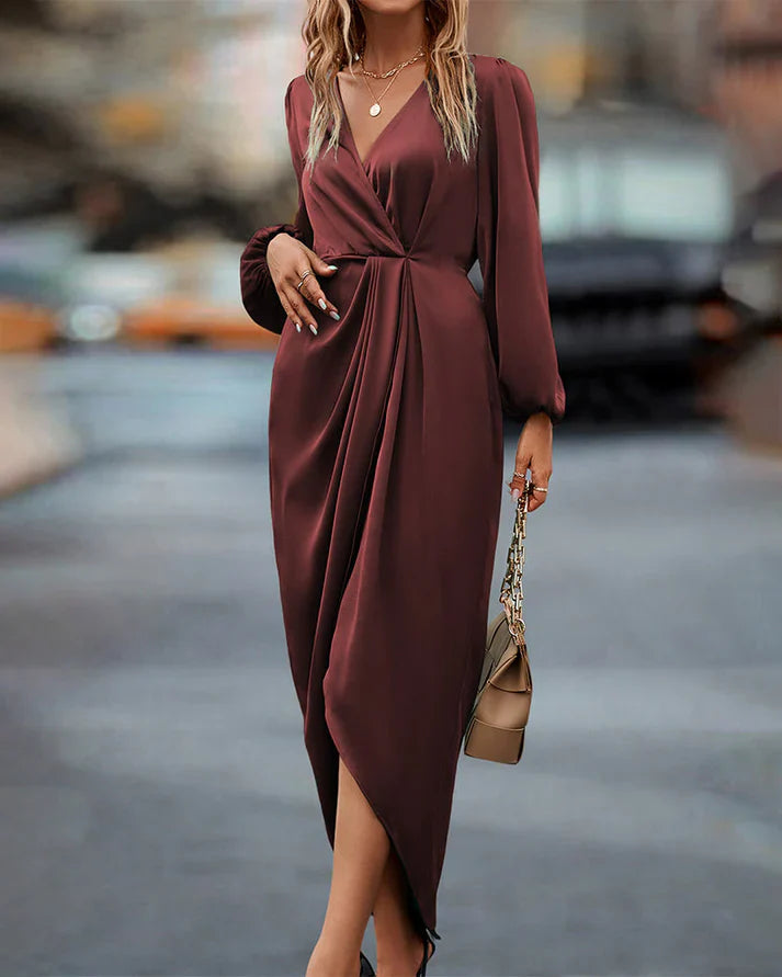 Nanette- Elegantes Kleid mit Laternenärmeln und V-Ausschnitt Burgunderrot