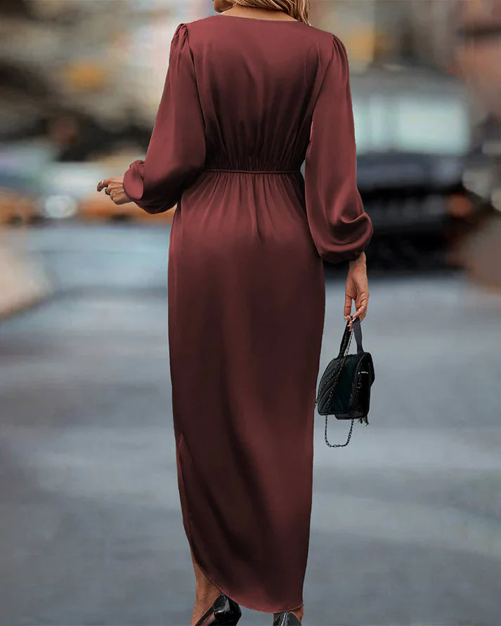 Nanette- Elegantes Kleid mit Laternenärmeln und V-Ausschnitt Burgunderrot 1