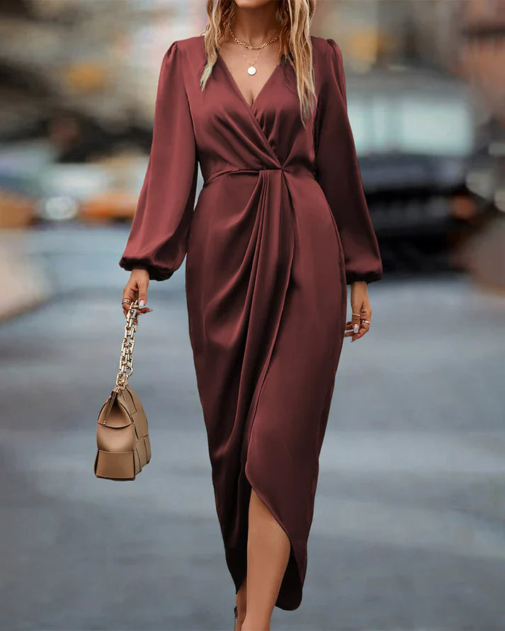 Nanette- Elegantes Kleid mit Laternenärmeln und V-Ausschnitt Burgunderrot 2