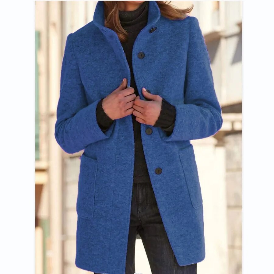 Nanette – Damen Wollmantel Elegant Lang Warm Wintermantel Dunkelblau