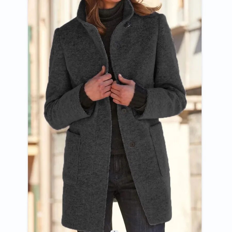 Nanette – Damen Wollmantel Elegant Lang Warm Wintermantel Dunkelgrau