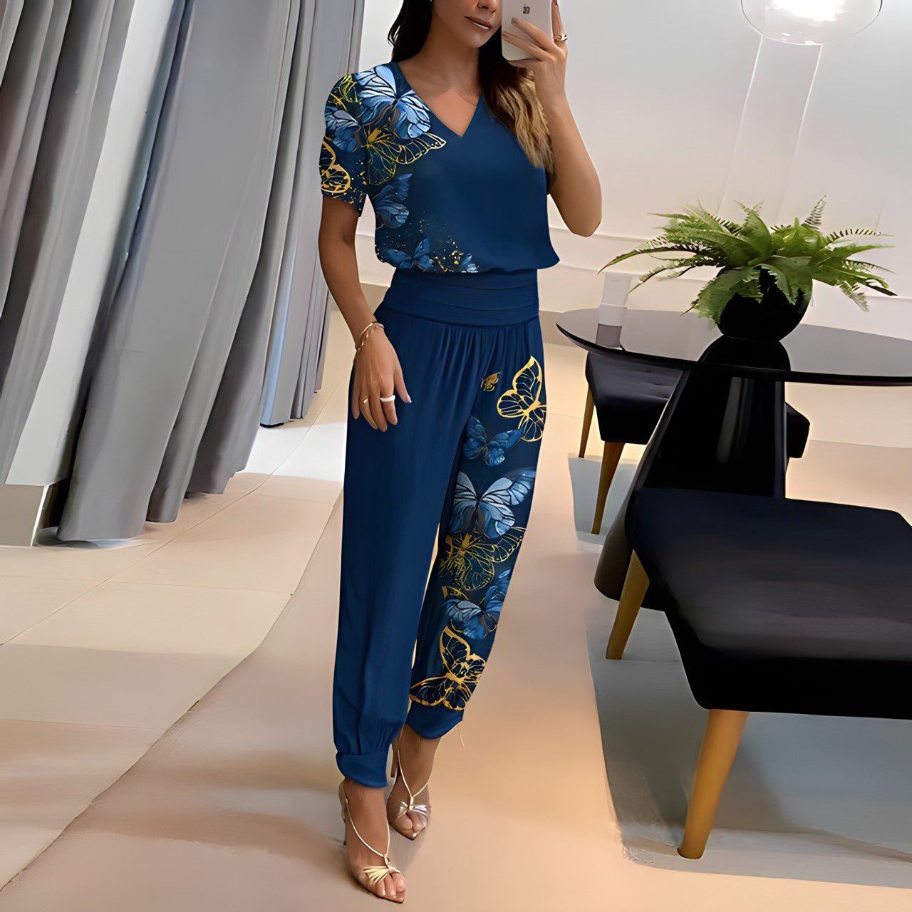 Nathalie - Damen Bluse & Hose Set blau