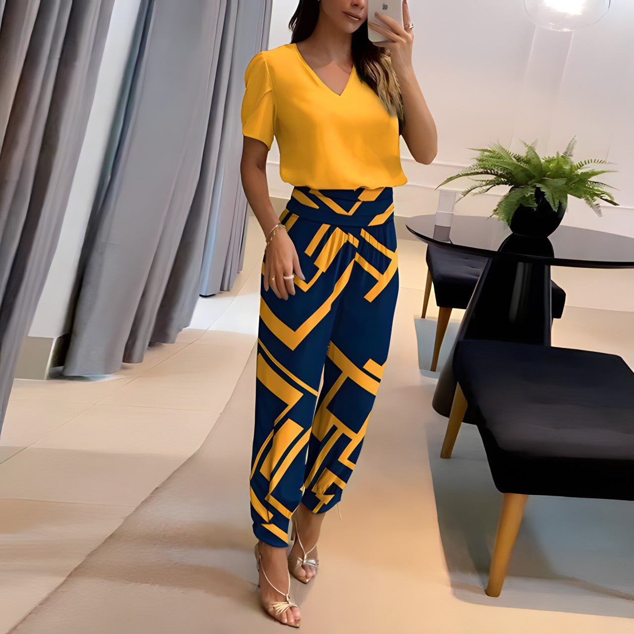 Nathalie - Damen Bluse & Hose Set gelb