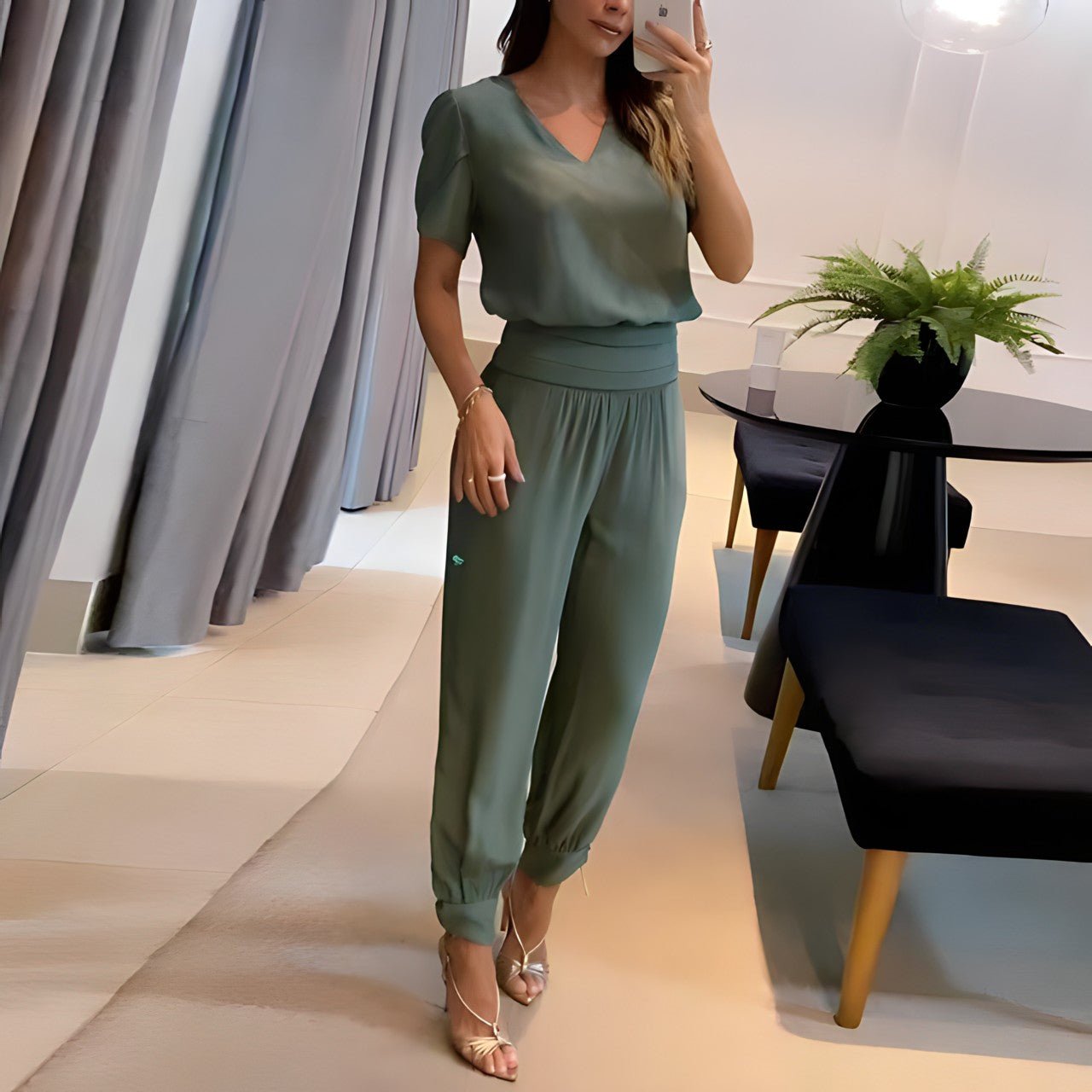 Nathalie - Damen Bluse & Hose Set olivegrun