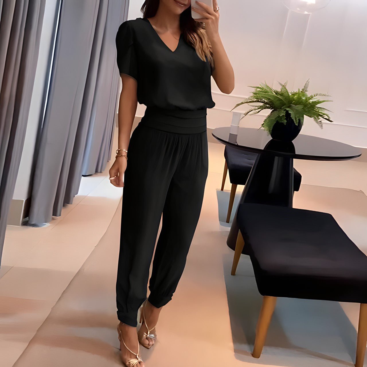 Nathalie - Damen Bluse & Hose Set schwarz
