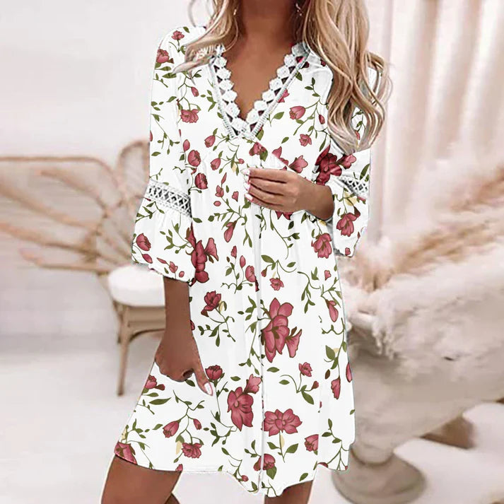 Natividad- Geblümtes Kleid für Frauen Weiß-Rot