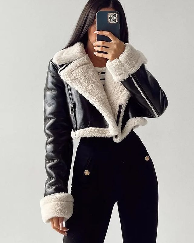 Nica - Kurze Lederjacke mit Teddyfutter