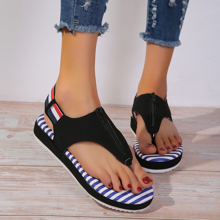 Nora- Damen Zehentrenner Sandalen mit modischem Zipper Design   Schwarz
