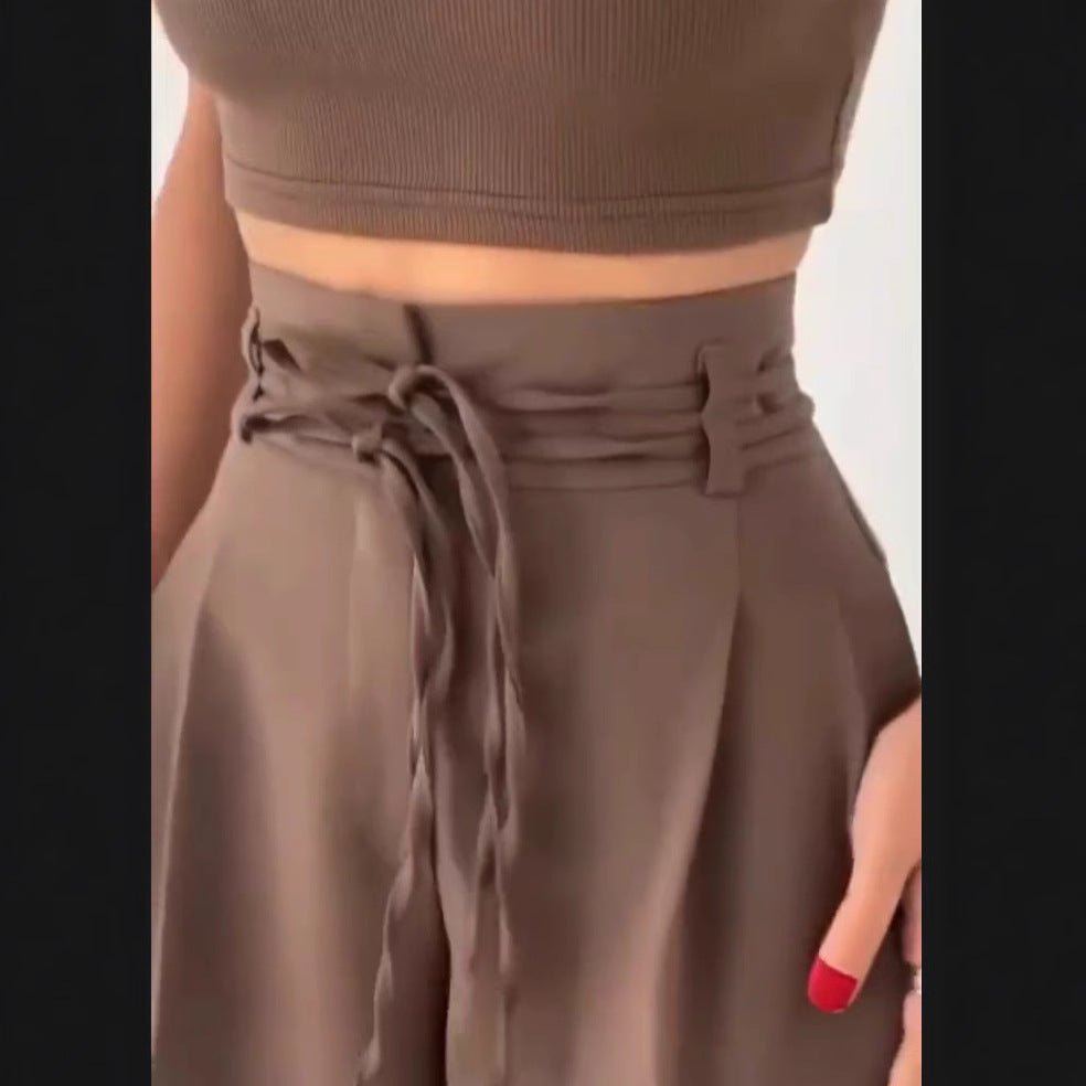 Basia- Damen Weite High Waist Hose mit Bindegürtel