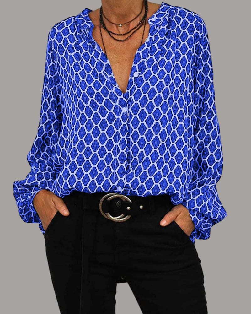 Omara - Damen Bluse mit V-Ausschnitt Blau