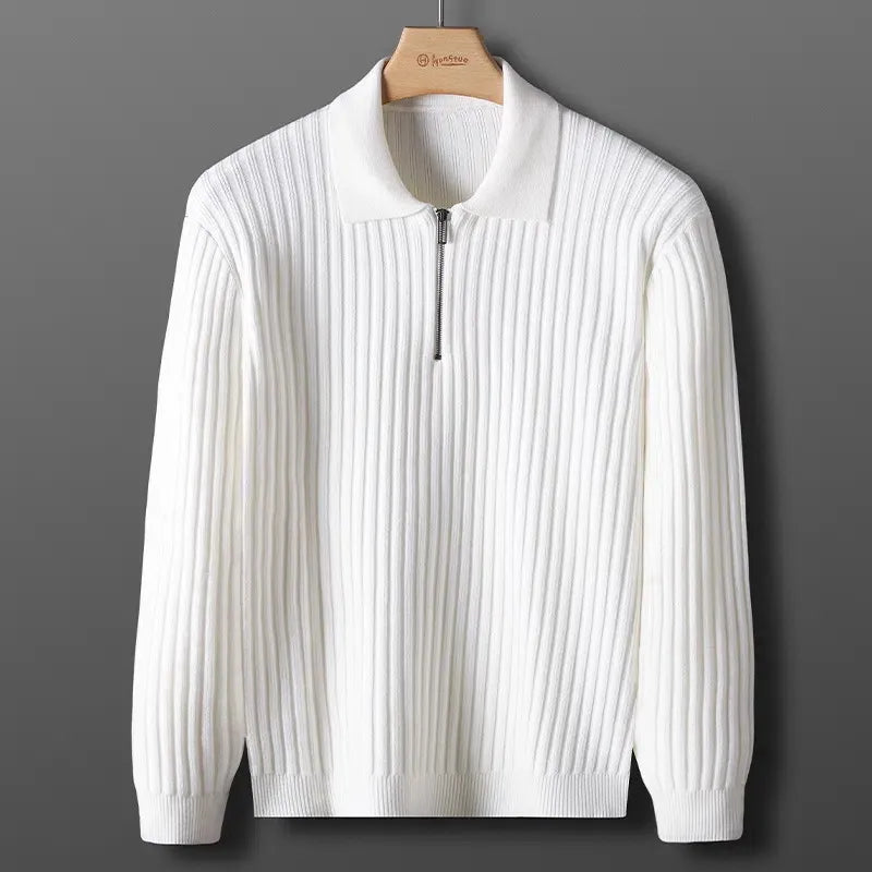 Onufrius - Herren Merino Polopullover mit Reißverschluss Weiß
