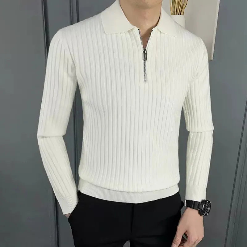 Onufrius - Herren Merino Polopullover mit Reißverschluss Weiß