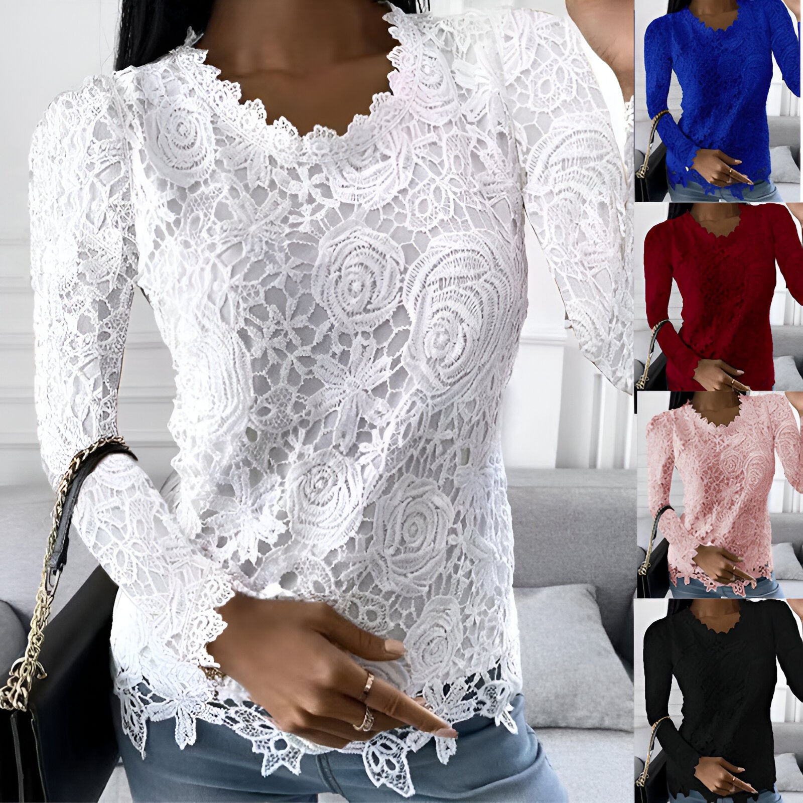 Ozanne- Elegante Spitzen Bluse Mit Langen Ärmeln