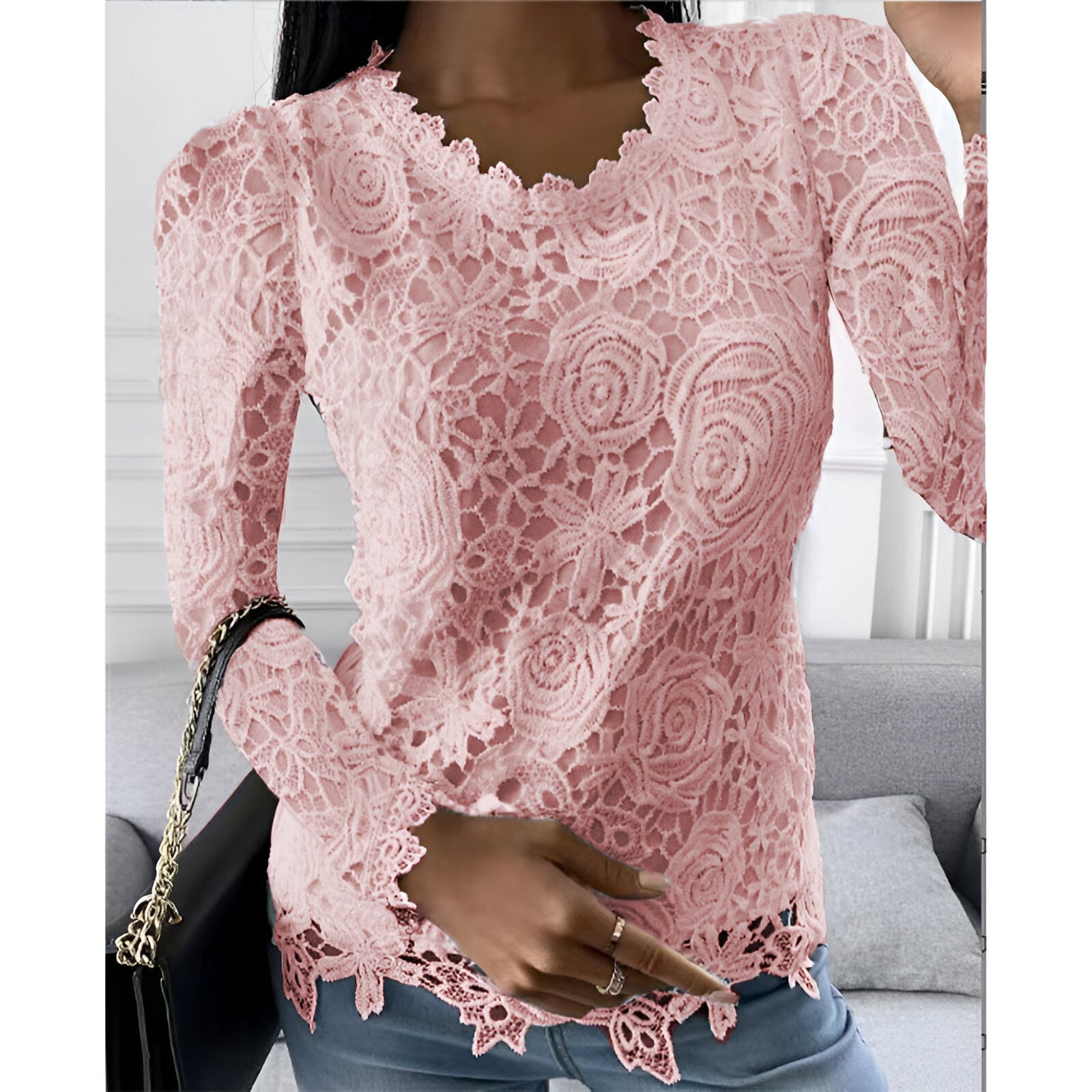 Ozanne- Elegante Spitzen Bluse Mit Langen Ärmeln Rosa