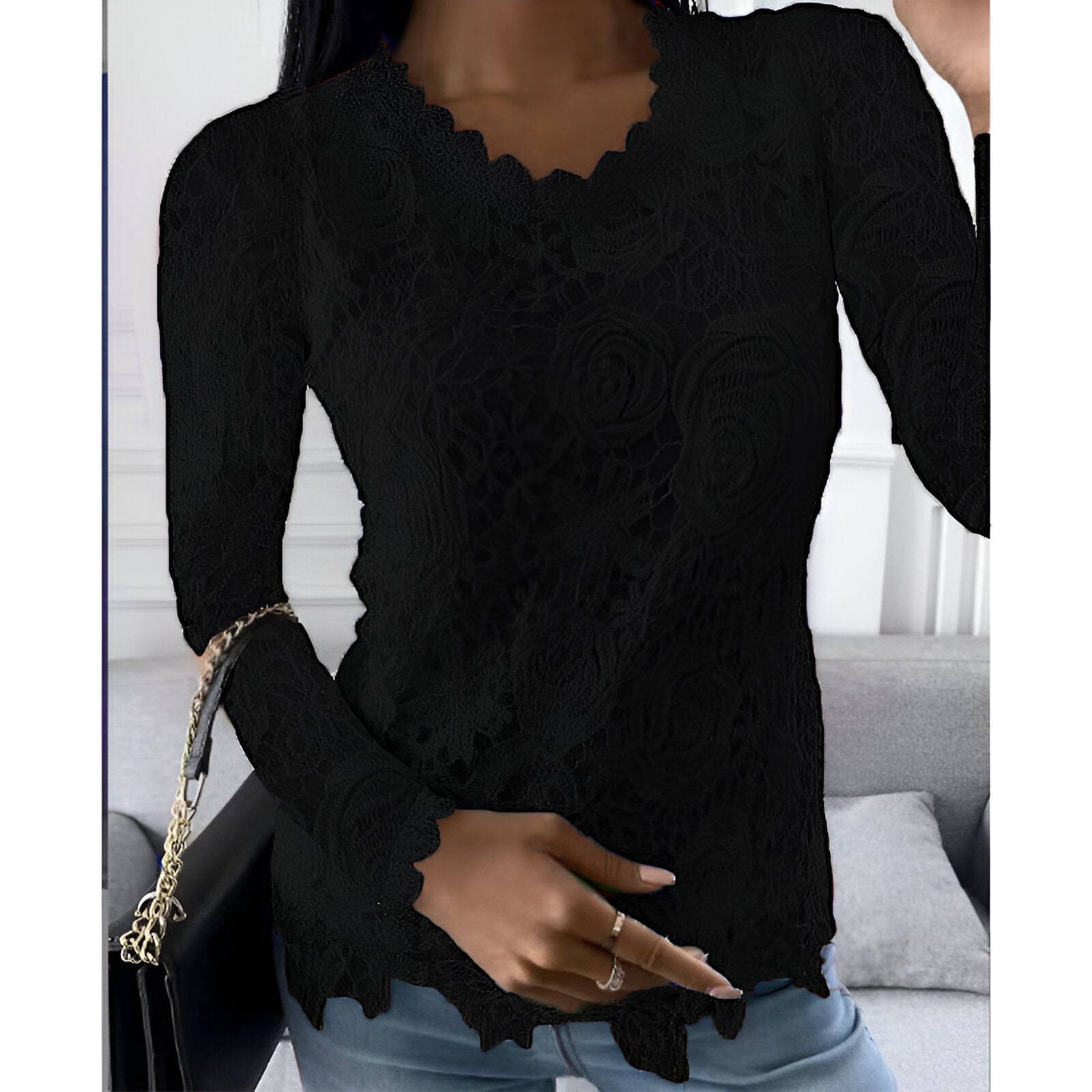 Ozanne- Elegante Spitzen Bluse Mit Langen Ärmeln Schwarz