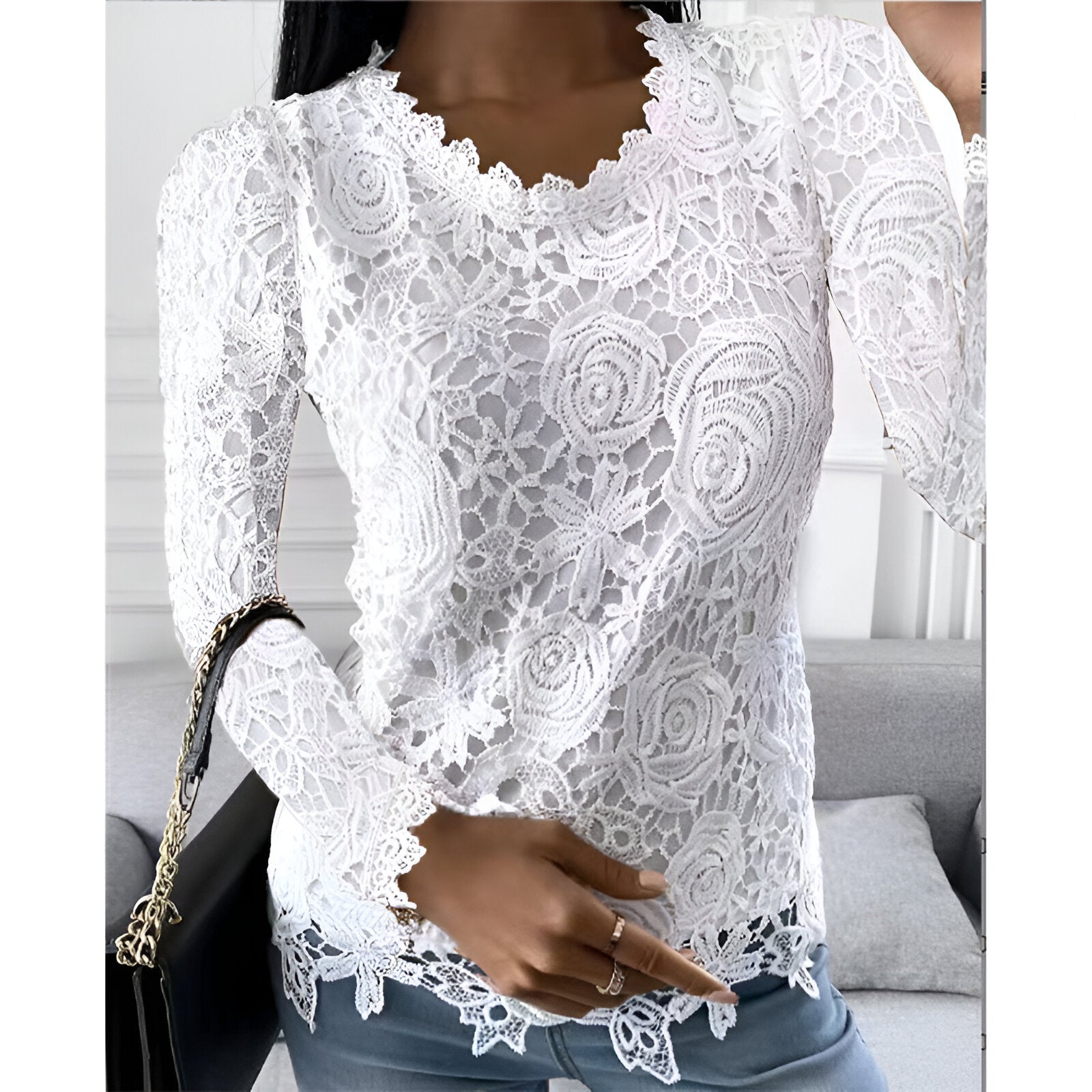 Ozanne- Elegante Spitzen Bluse Mit Langen Ärmeln Weiß
