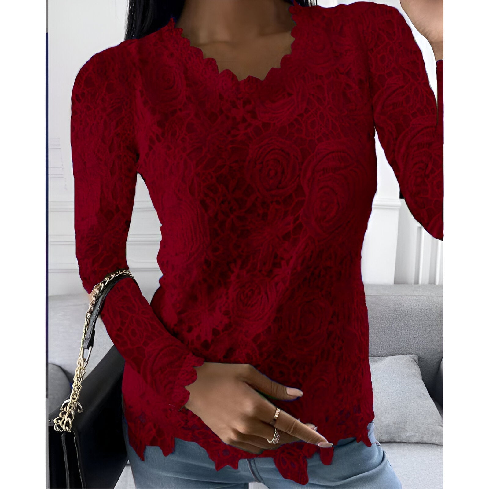 Ozanne- Elegante Spitzen Bluse Mit Langen Ärmeln Weinrot
