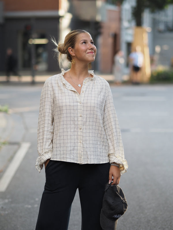 Baumwollbluse Grid, Creme mit Hellgrauem Karomuster