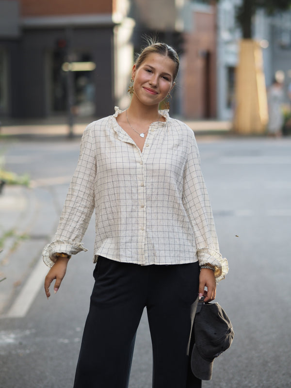 Baumwollbluse Grid, Creme mit Hellgrauem Karomuster