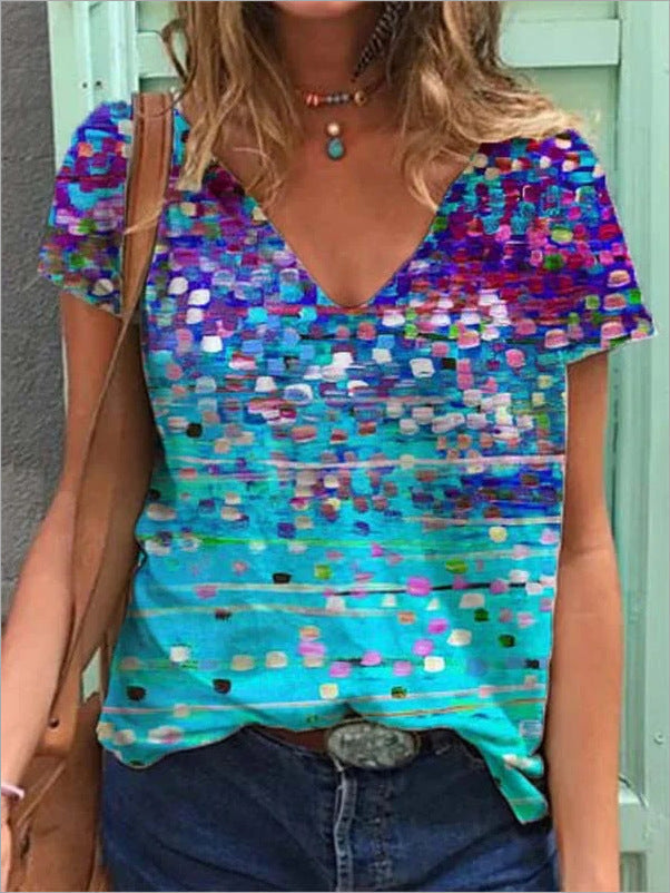 Palmira- Kurzarm-T-Shirt mit V-Ausschnitt und Grafikdruck 5