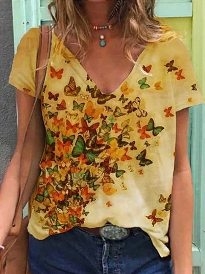 Palmira- Kurzarm-T-Shirt mit V-Ausschnitt und Grafikdruck 6