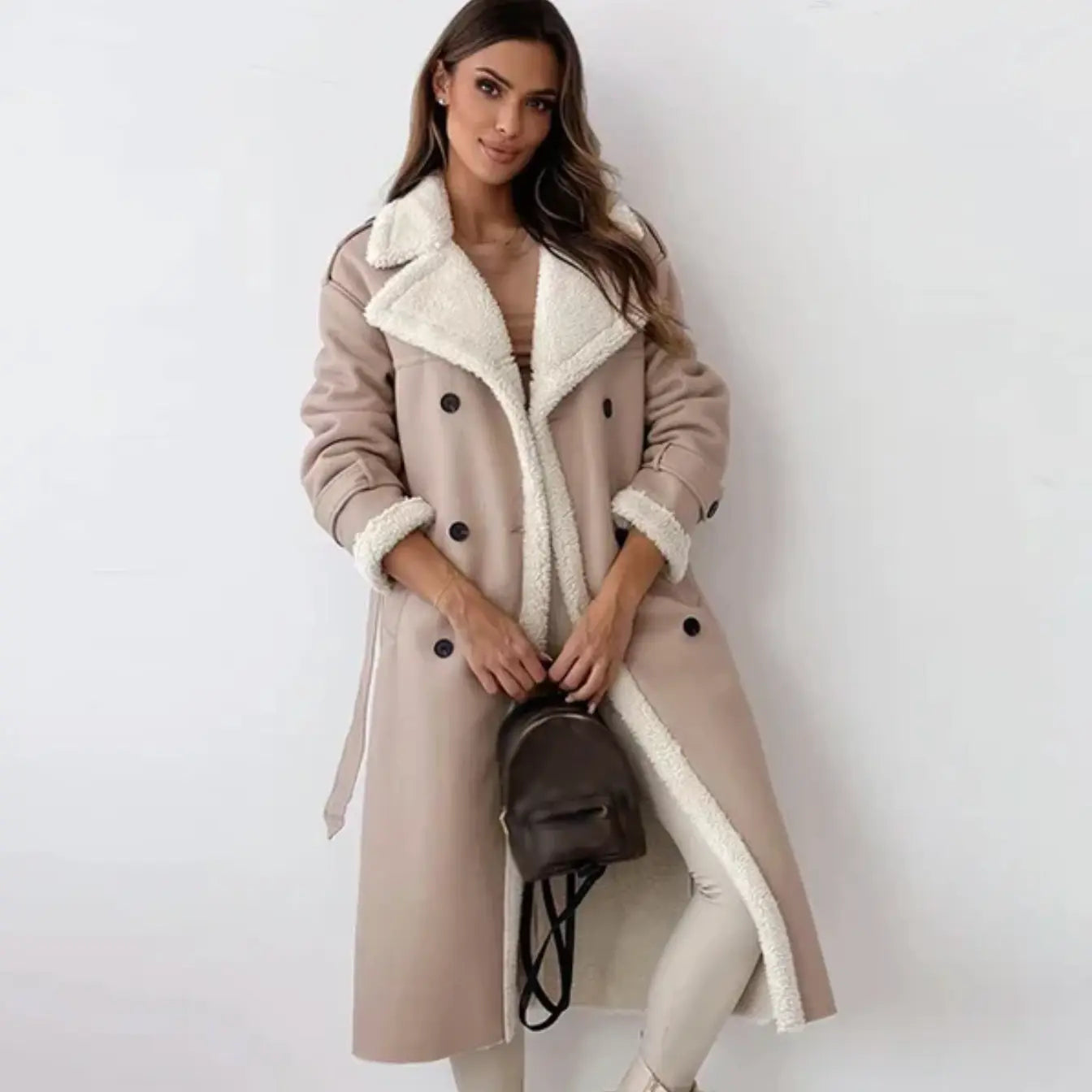 Pascalina - Lange Damen Jacke mit Fleece & Teddykragen Aprikose