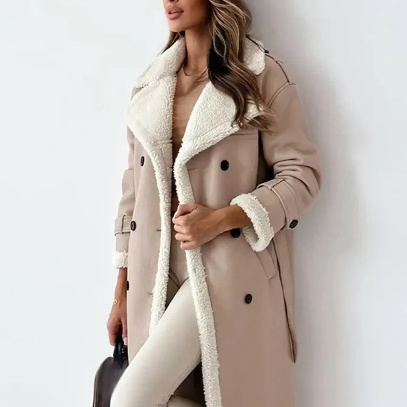 Pascalina - Lange Damen Jacke mit Fleece & Teddykragen Aprikose