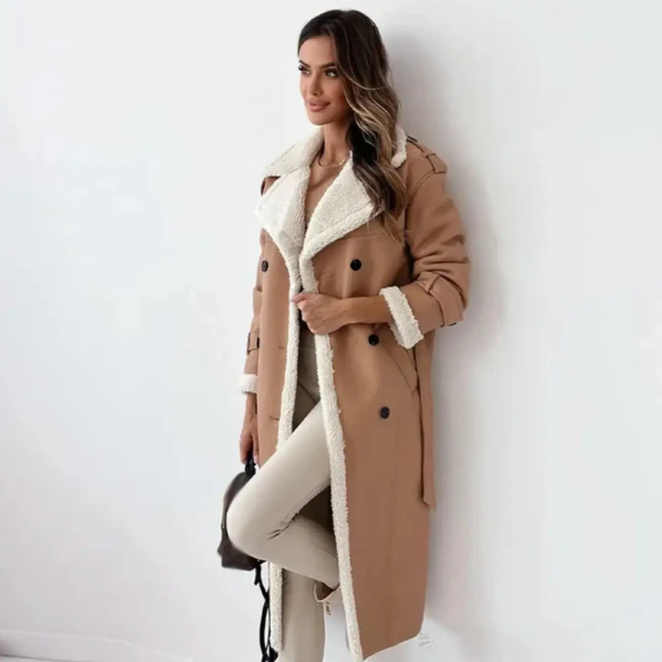 Pascalina - Lange Damen Jacke mit Fleece & Teddykragen Khaki