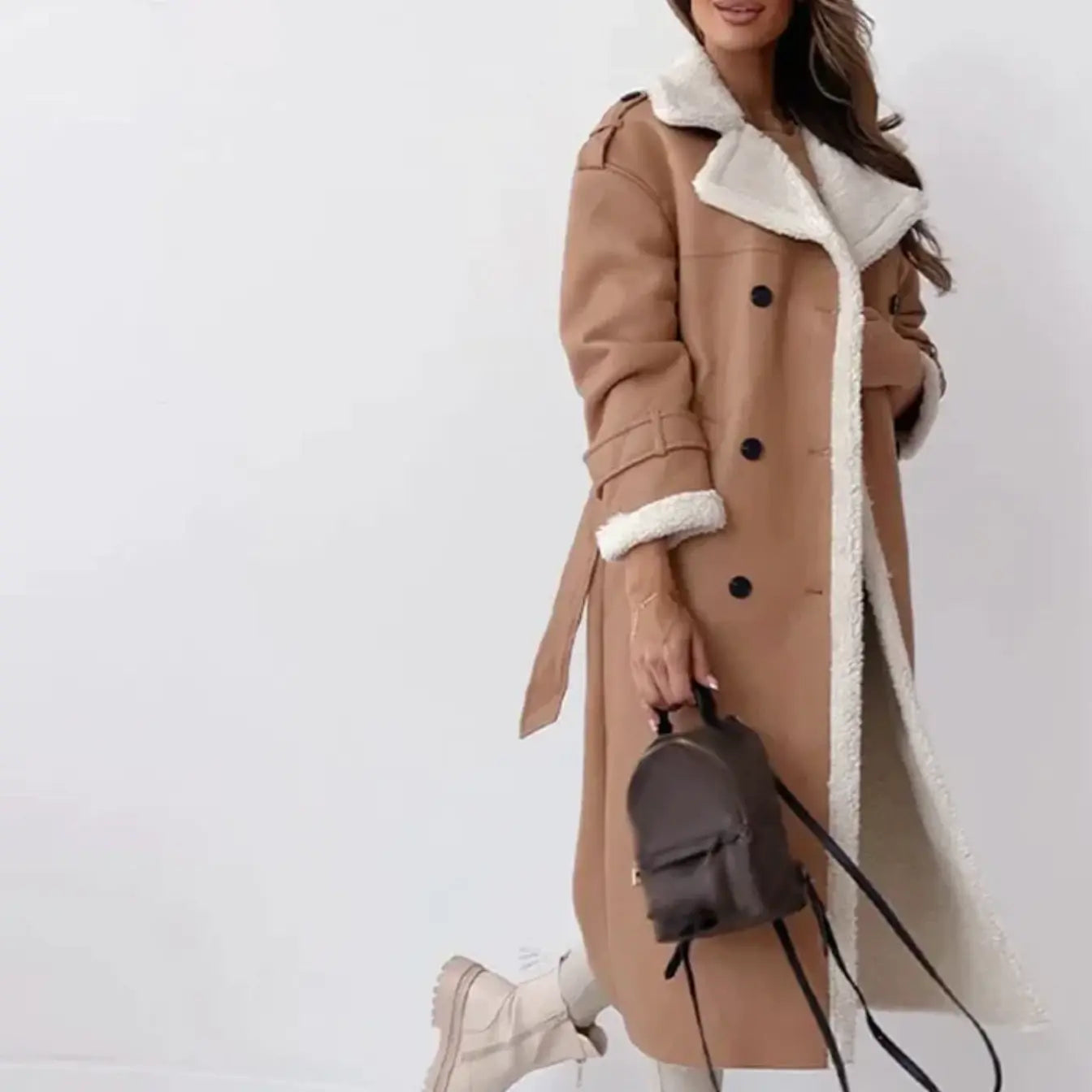 Pascalina - Lange Damen Jacke mit Fleece & Teddykragen Khaki