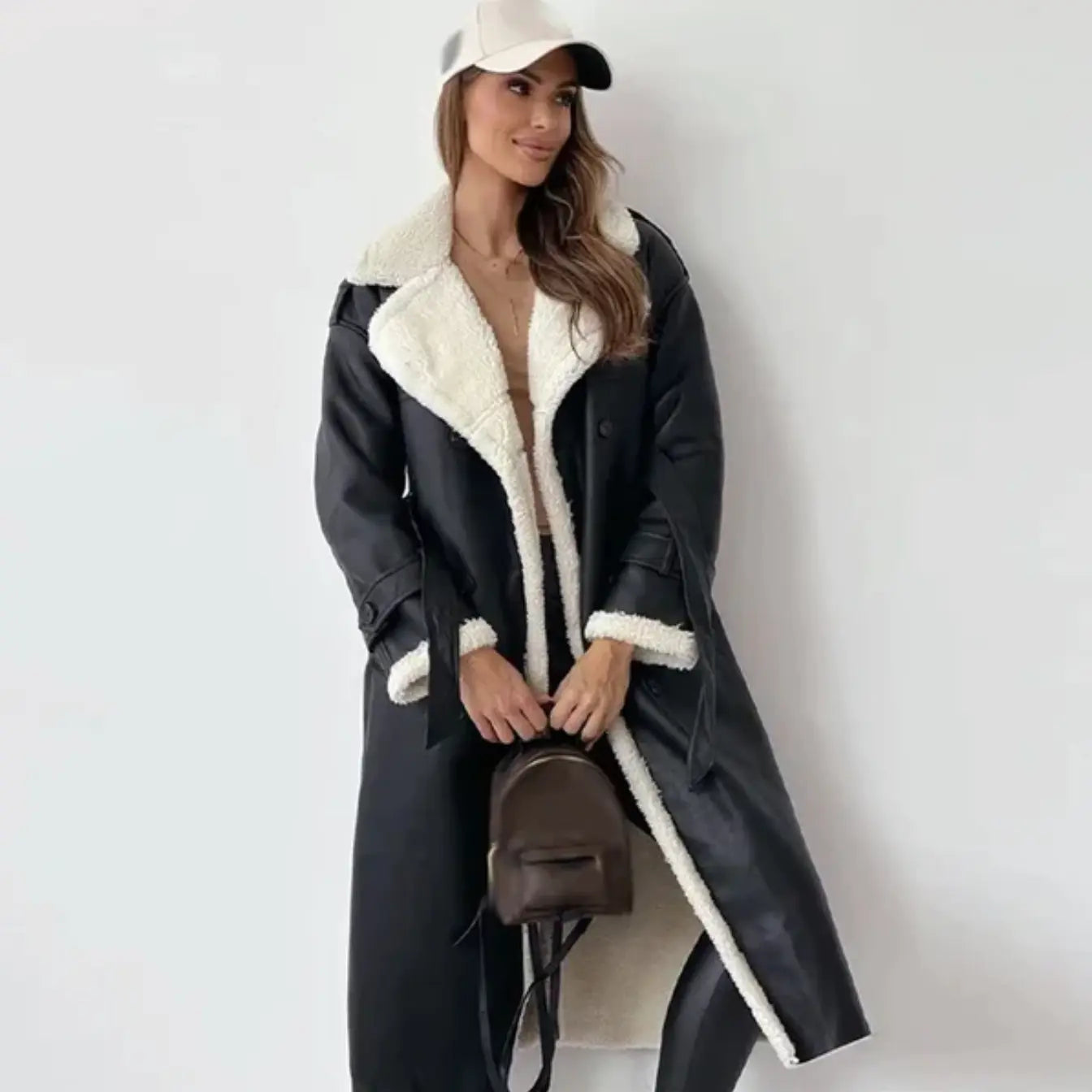 Pascalina - Lange Damen Jacke mit Fleece & Teddykragen Schwarz