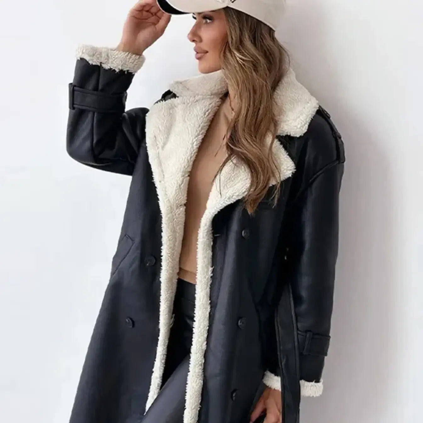 Pascalina - Lange Damen Jacke mit Fleece & Teddykragen Schwarz