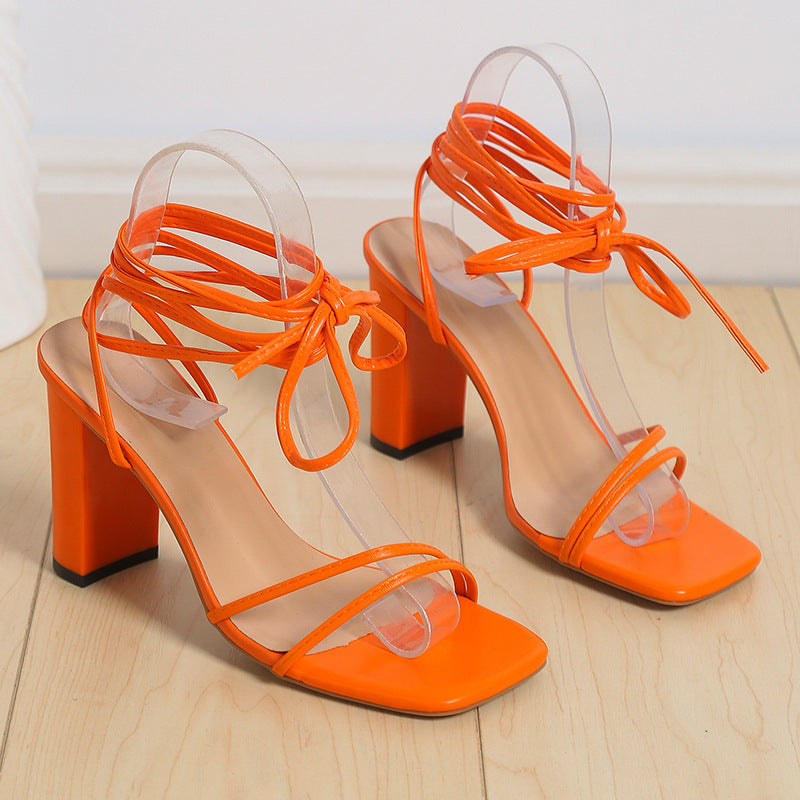 Penelope - Sommer Damen Elegante Schnürsandalen mit Blockabsatz Orange 2