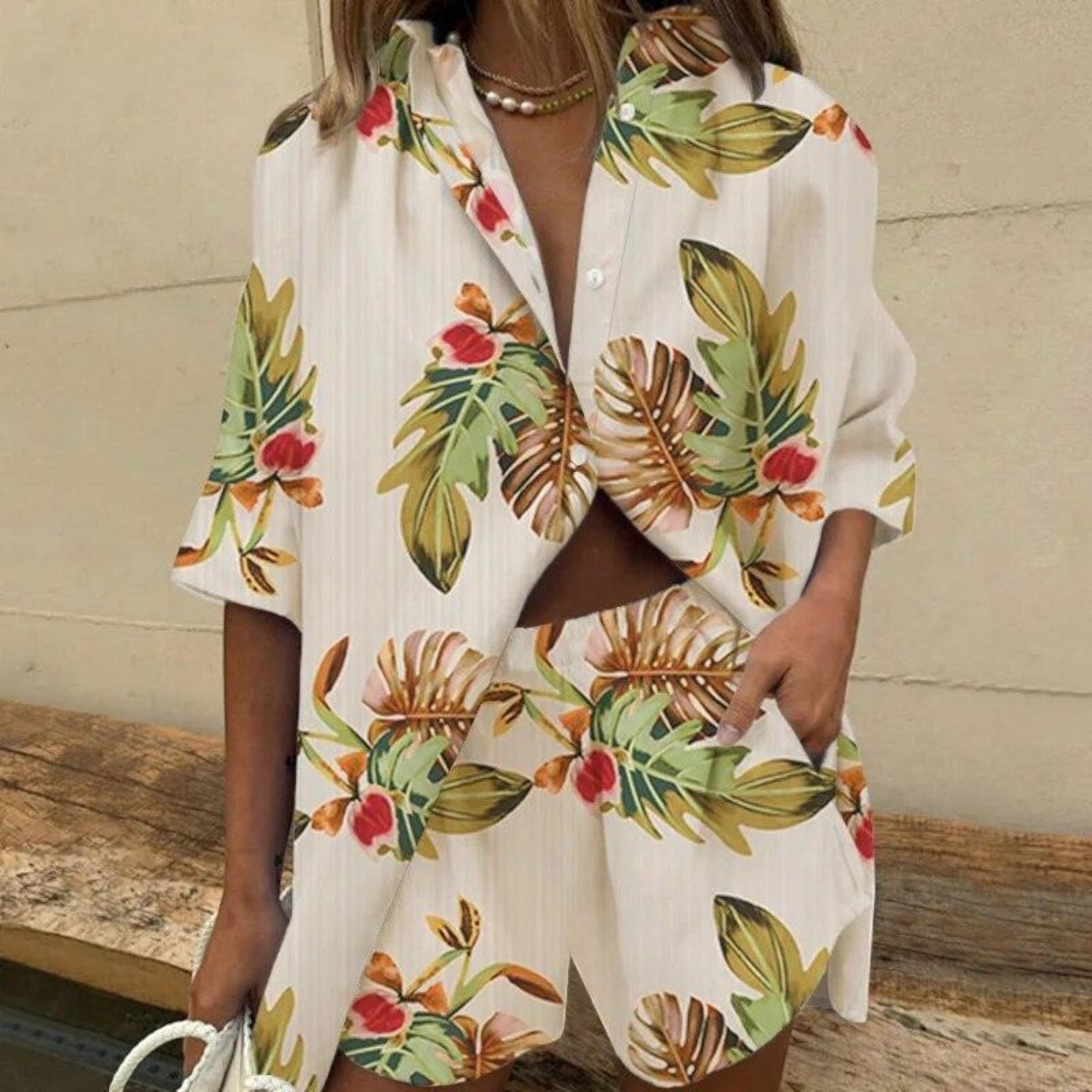 Petra - Women's Tropical Print Two-Piece Set - beige