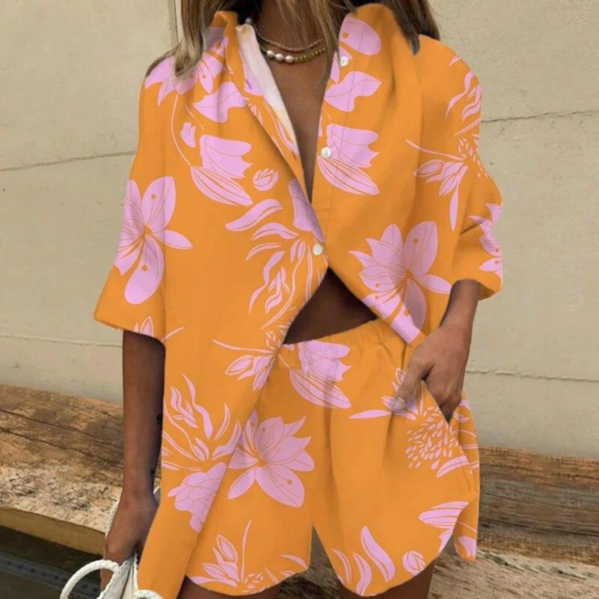Petra - Women's Tropical Print Two-Piece Set Orange