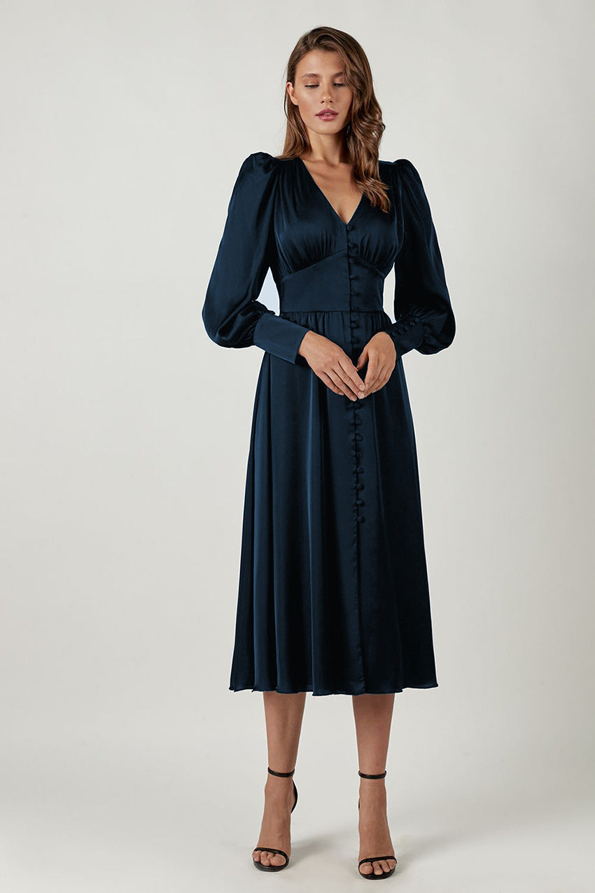 Philine - Leichtes Sommerkleid Damen Elegantes Langarmkleid Blau