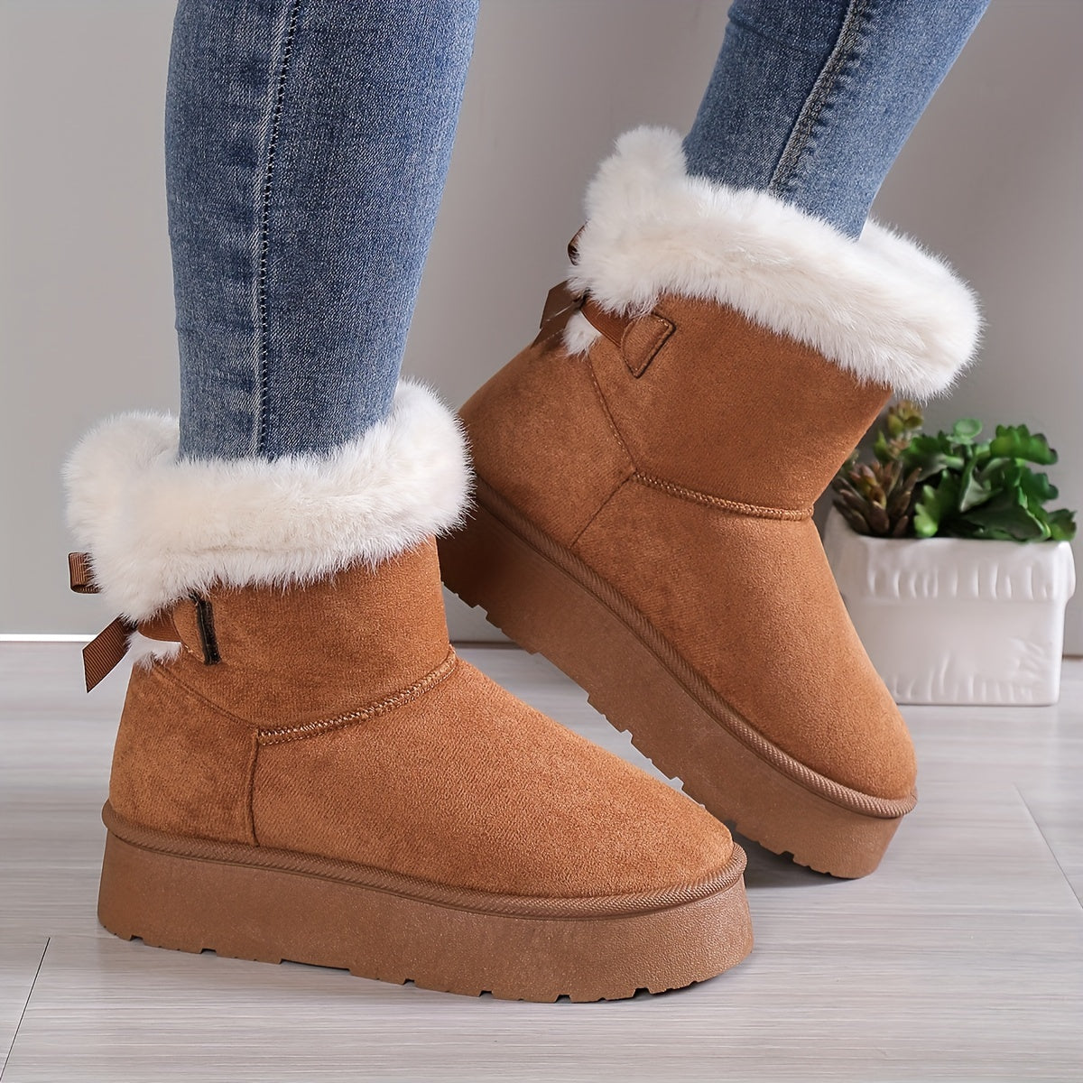 Quandra - Gefütterte Damen Plüsch Stiefel mit Schleife Kastanienbraun