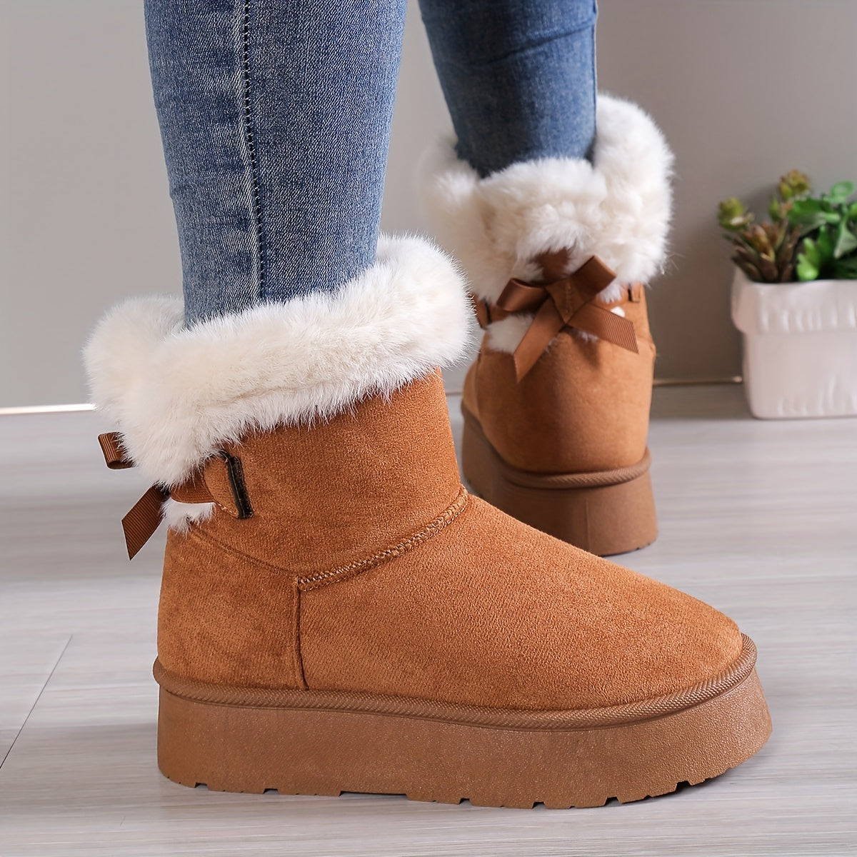 Quandra - Gefütterte Damen Plüsch Stiefel mit Schleife Kastanienbraun