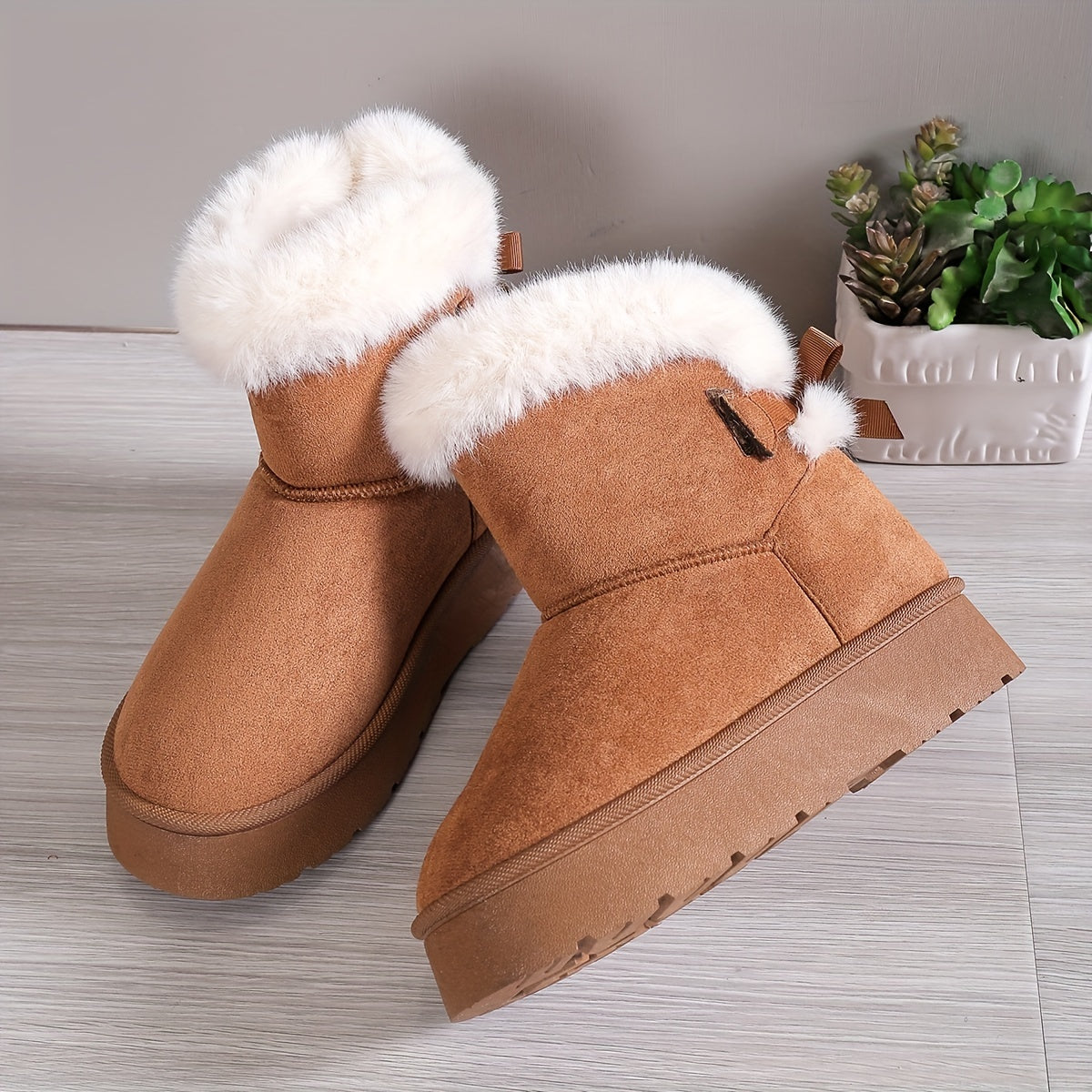 Quandra - Gefütterte Damen Plüsch Stiefel mit Schleife Kastanienbraun