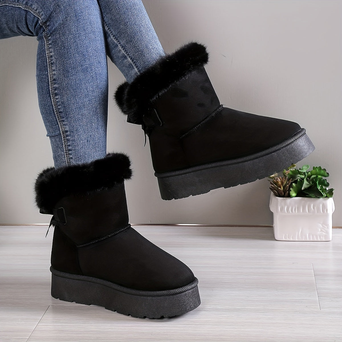 Quandra - Gefütterte Damen Plüsch Stiefel mit Schleife Schwarz