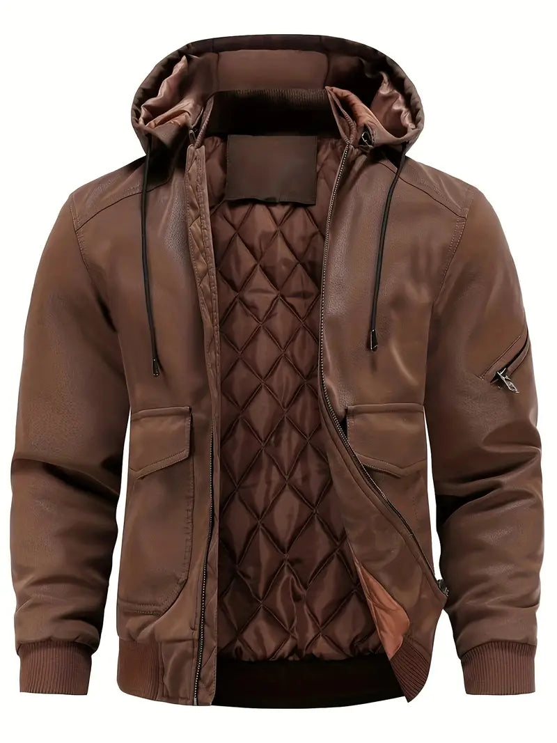 Qurban - Herren Leder Winterjacke mit Kapuze Braun