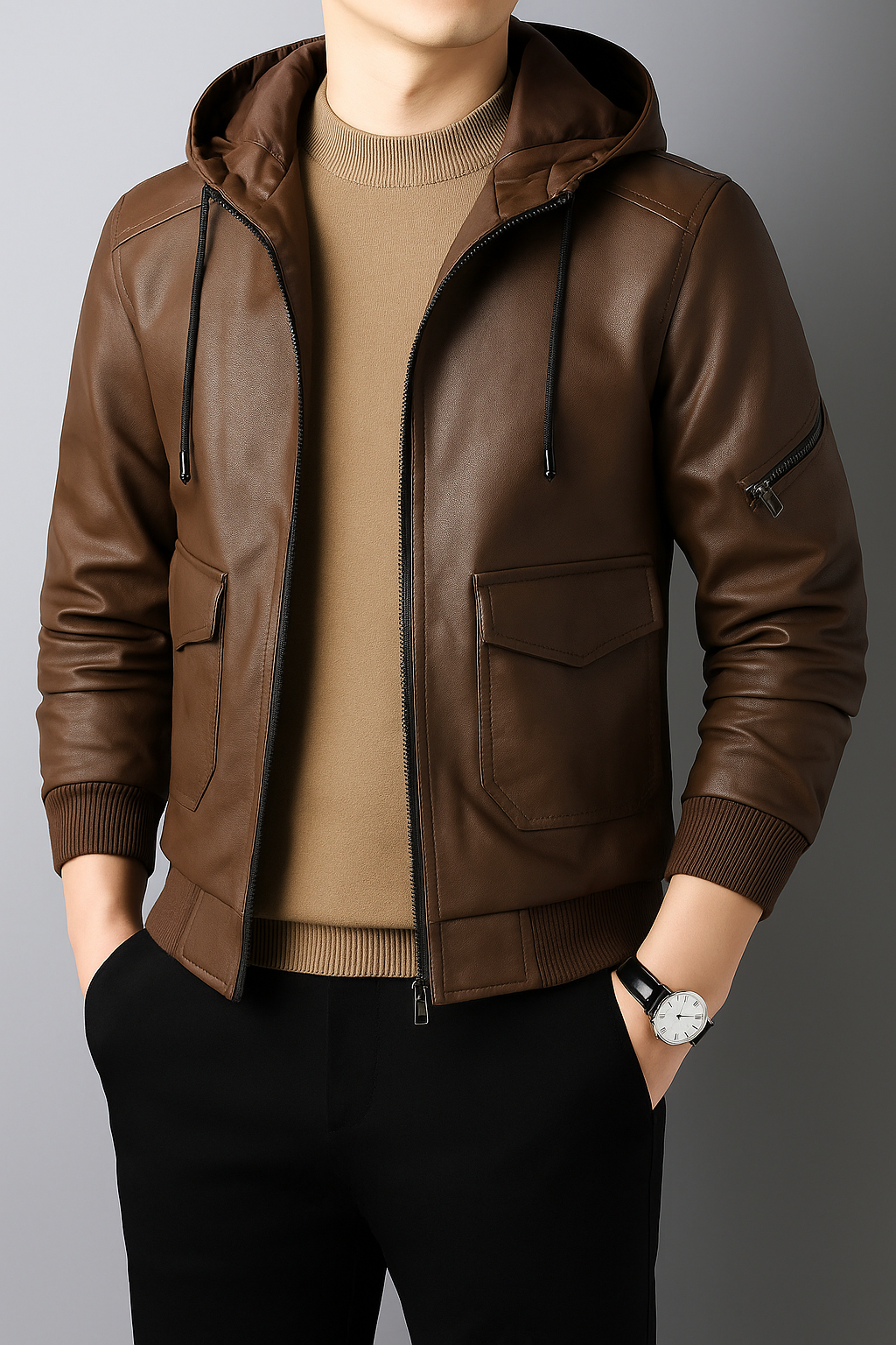 Qurban - Herren Leder Winterjacke mit Kapuze Braun 2