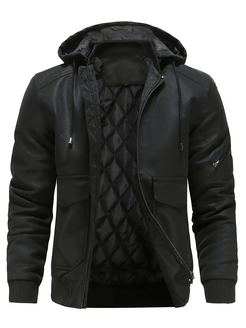 Qurban - Herren Leder Winterjacke mit Kapuze Schwarz