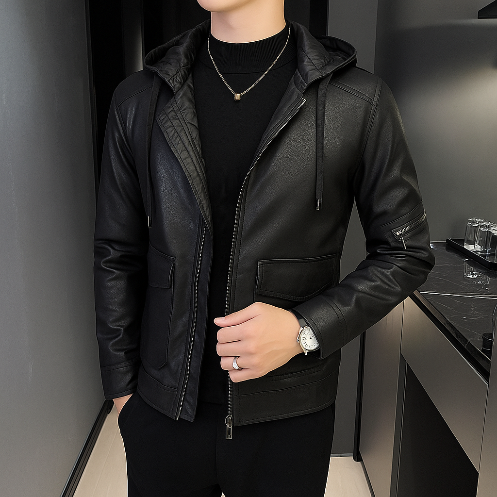 Qurban - Herren Leder Winterjacke mit Kapuze Schwarz 2