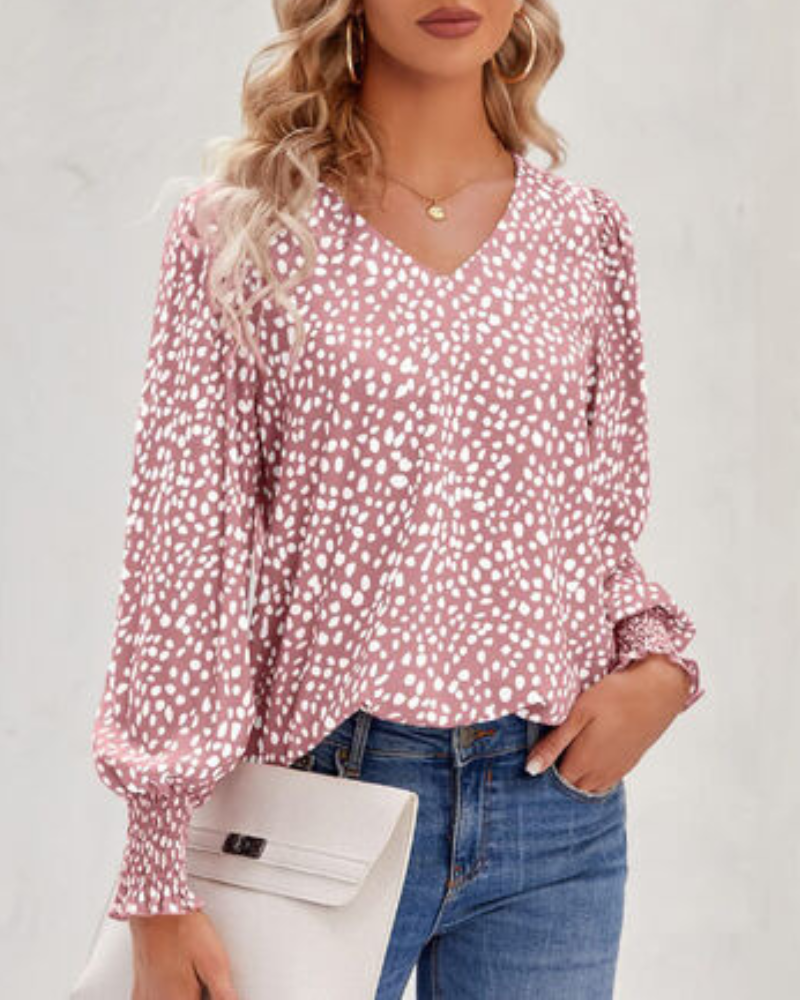 Radoslava-  Elegante gemusterte Bluse mit V-Ausschnitt und Puffärmeln Rosa