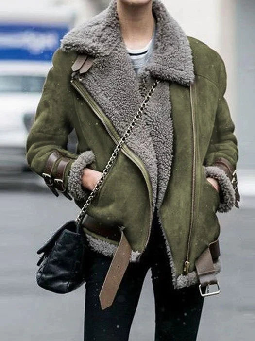 Ramona - Damen Lederjacke mit Schnallen Stylisch Grün