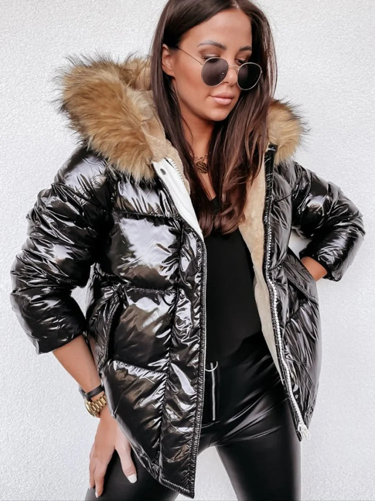 Rebecca - Winterjacke: Metallischer Glamour Schwarz