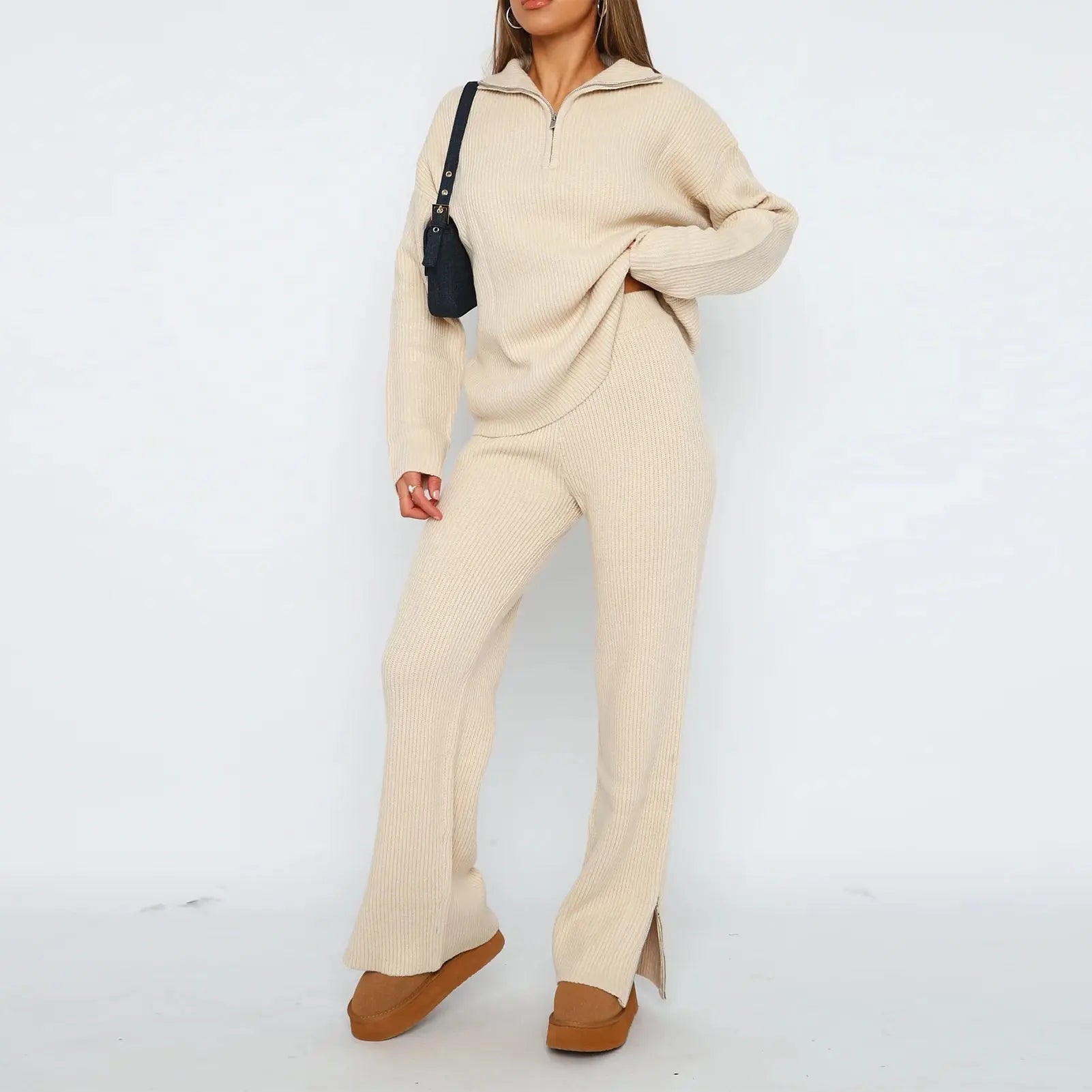 Renata - Zweiteiliges Damen Rippenstrick Lounge Set Beige