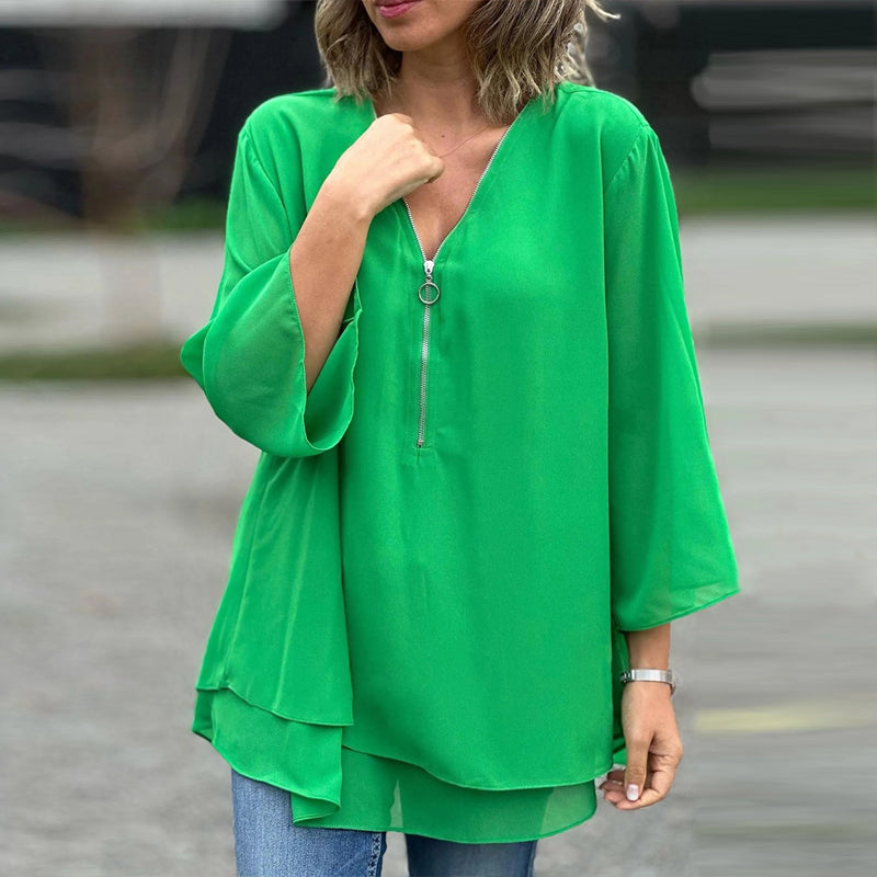 Risa - Elegantes Damen Chiffon-Top mit V-Ausschnitt und Reißverschluss Grun